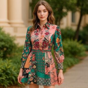 * RARE Dalia MacPhee Floral Baroque Print Shirt Dress Size S